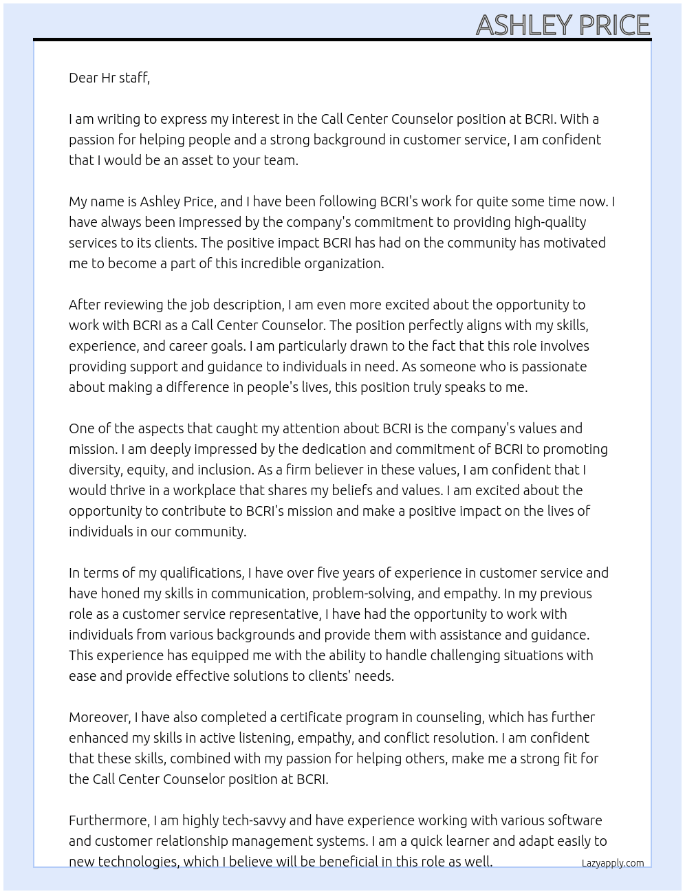 Call Center Counselor At BCRI Cover Letter