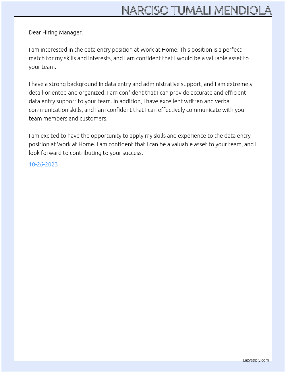 Data Entry At Work at Home Cover Letter