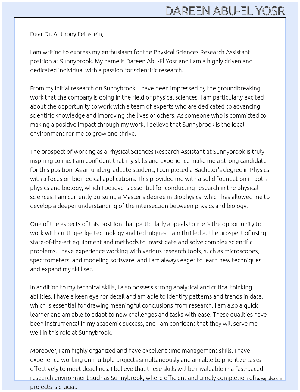Physical Sciences Research assistant At Sunnybrook Cover Letter