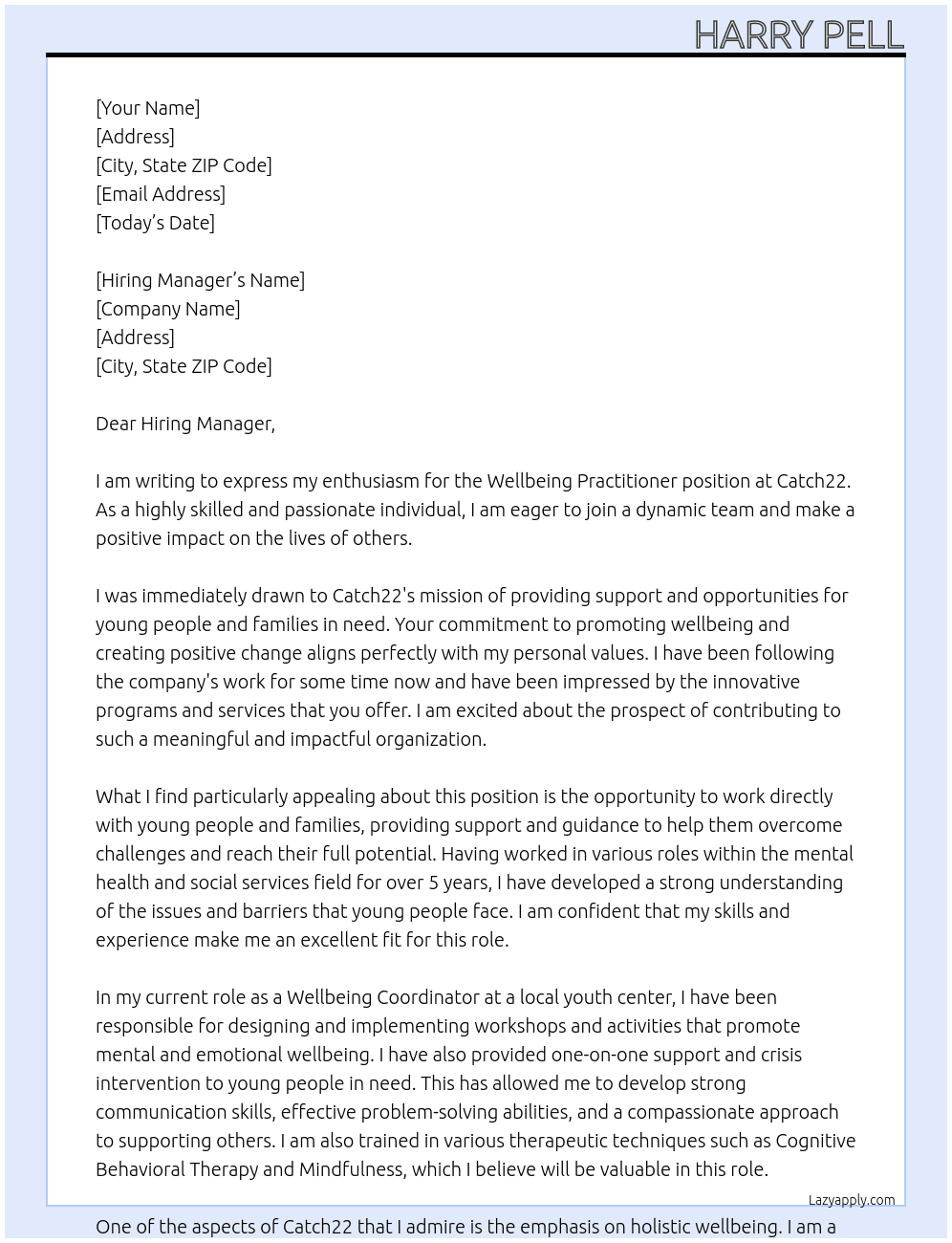 Wellbeing Practicioner  At Catch22 Cover Letter