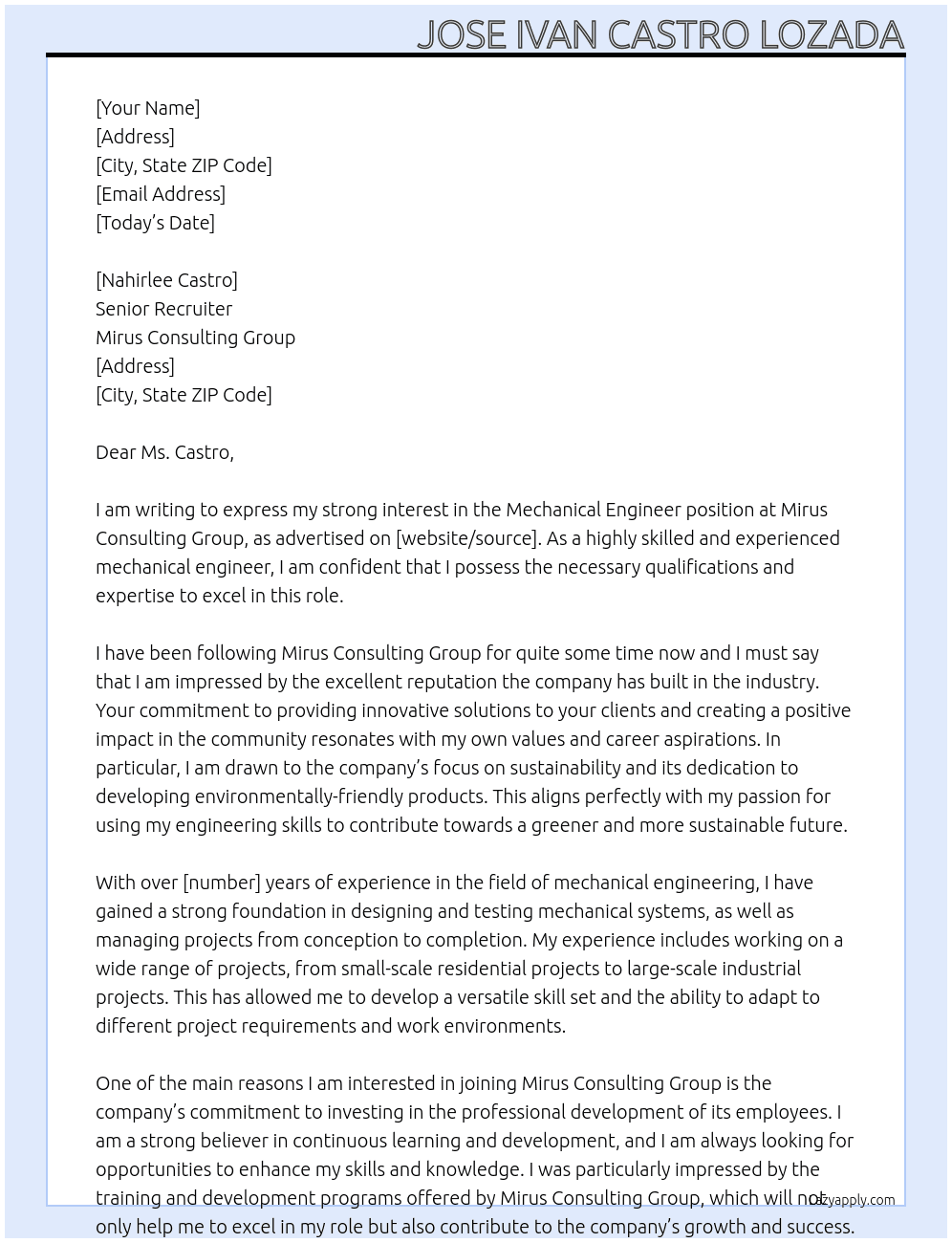 Mechanical Engineer At Mirus Consulting Group Cover Letter