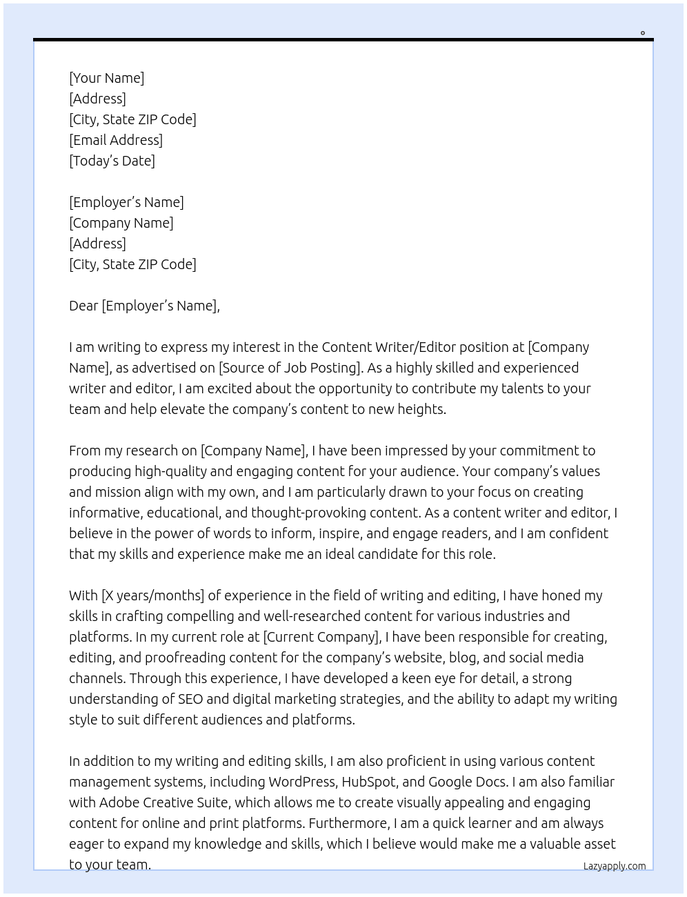 Content Writer / Editor At .  Cover Letter