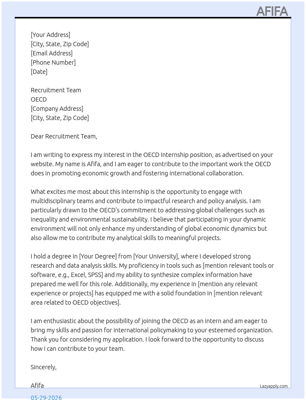 OECD INTERNSHIP At OECD Cover Letter