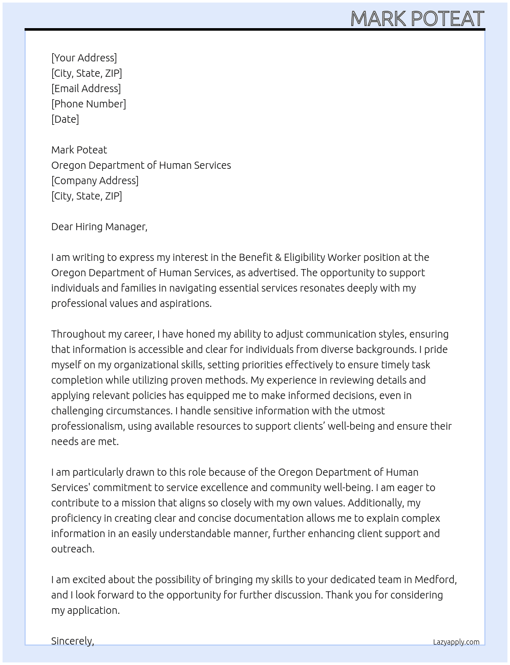 Benefit & Eligibility Worker At Oregon Department of Human Services Cover Letter