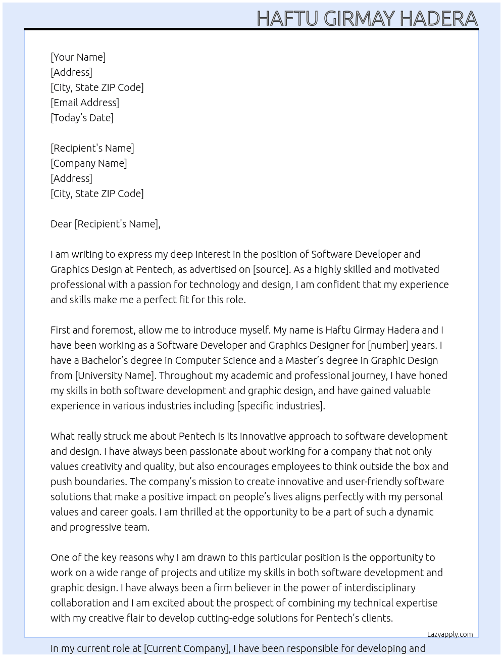 Software developer and graphics design  At Pentech Cover Letter