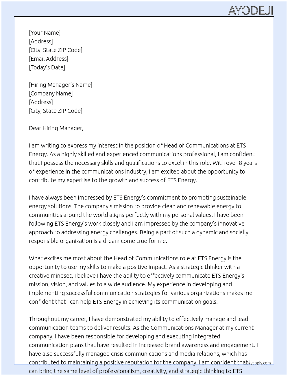 head of communications At ETS Energy Cover Letter