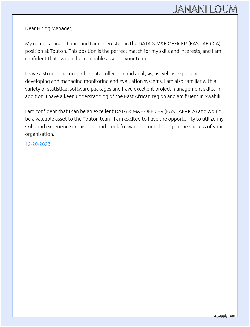 DATA & M&E OFFICER (EAST AFRICA) At Touton Cover Letter