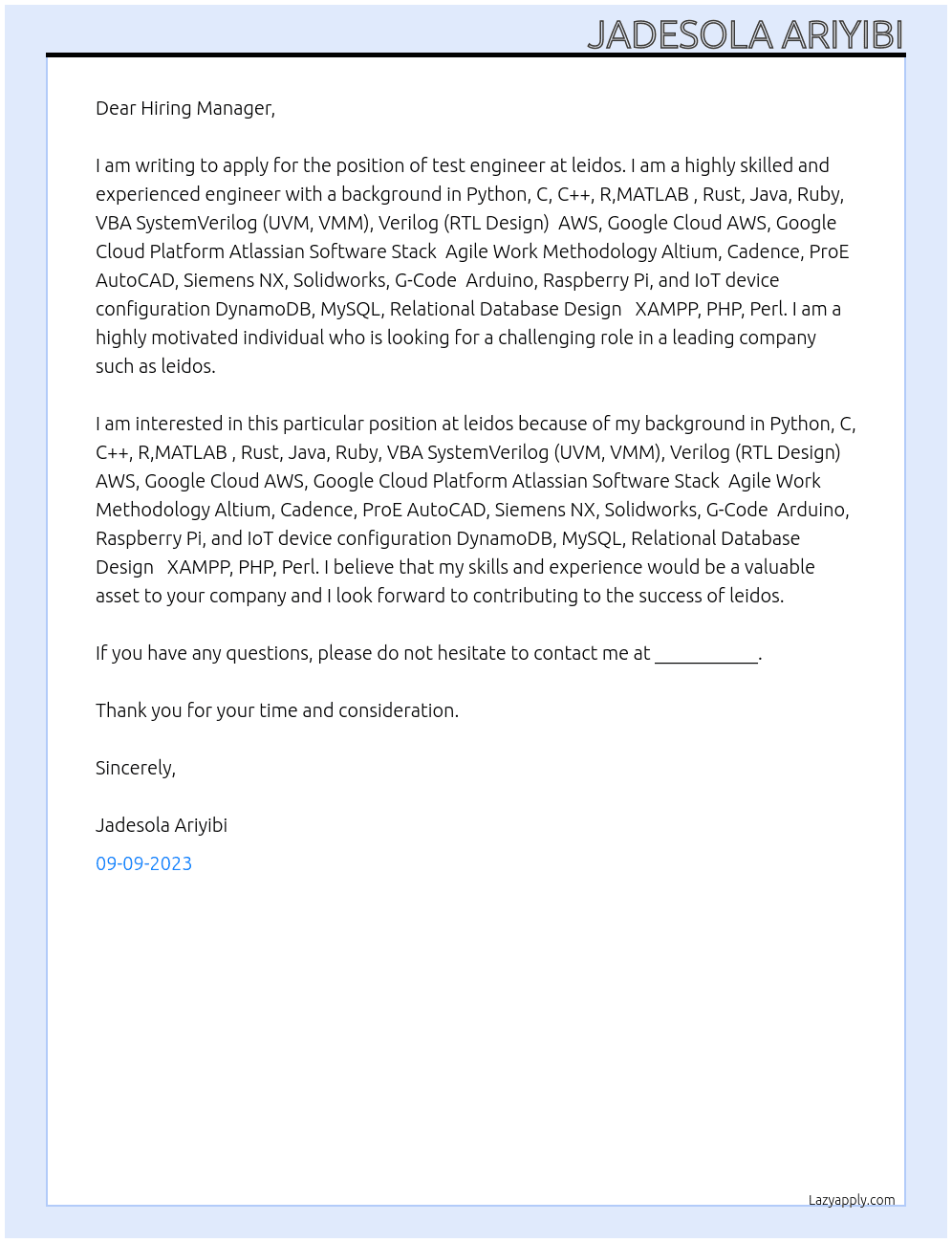 test engineer At leidos Cover Letter