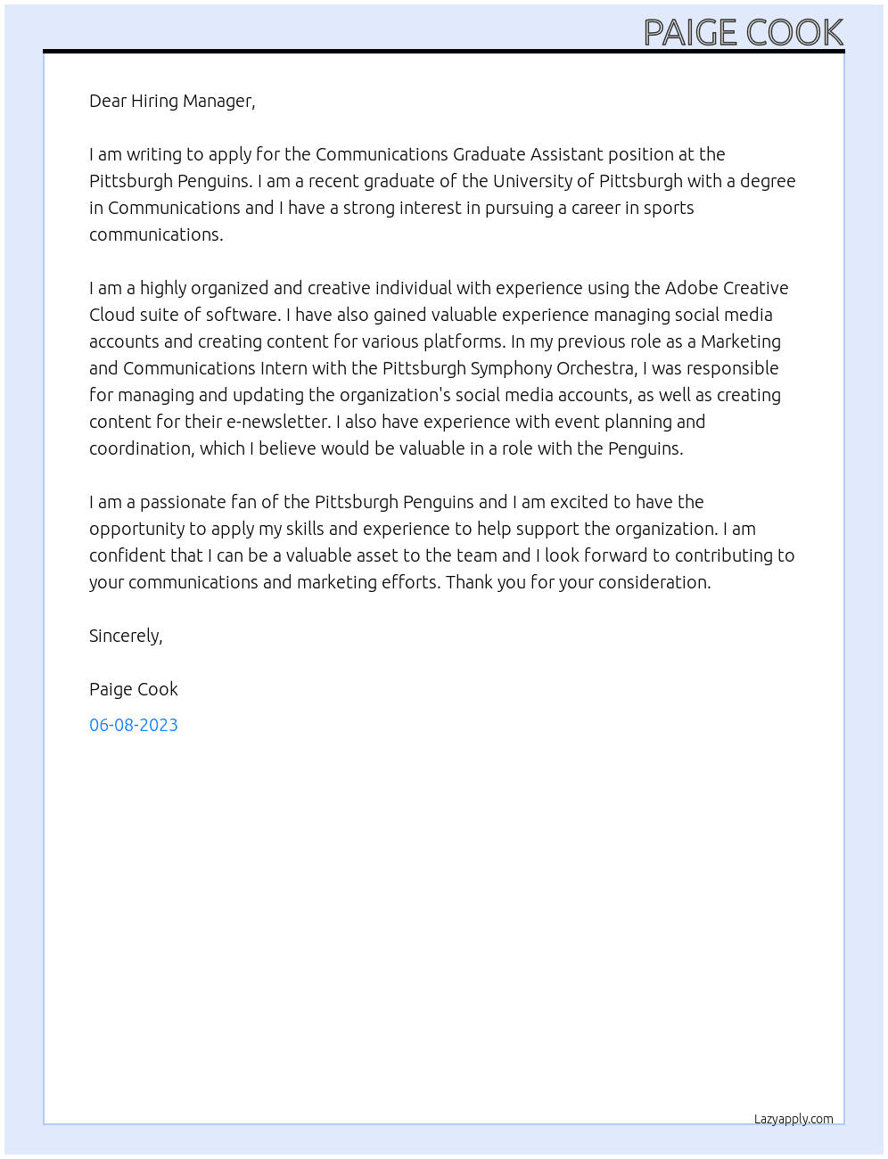 Communications Graduate Assistant At Pittsburgh Penguins Cover Letter