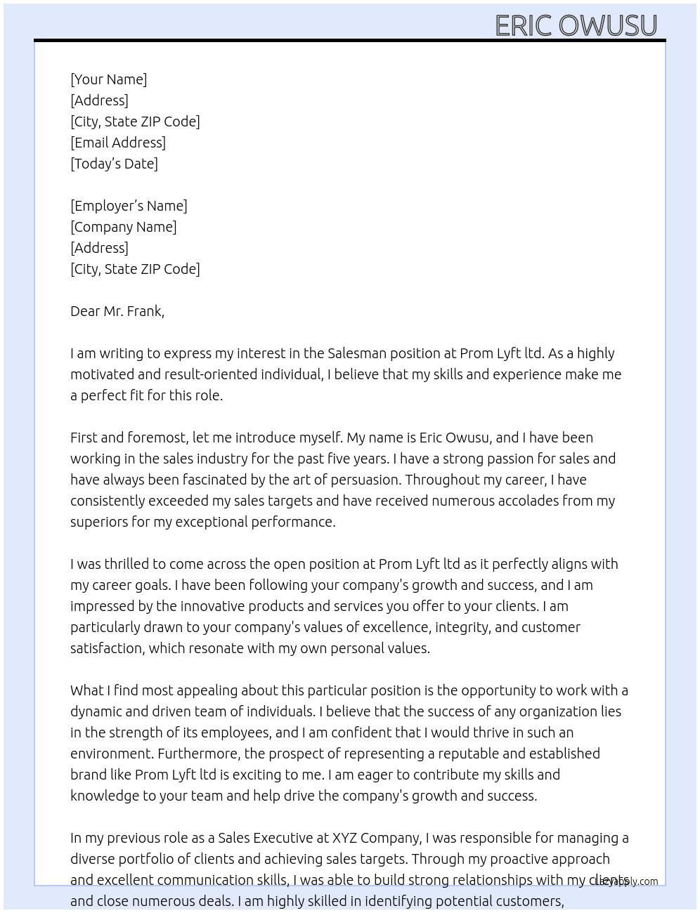 Salesman  At Prom Lyft ltd Cover Letter