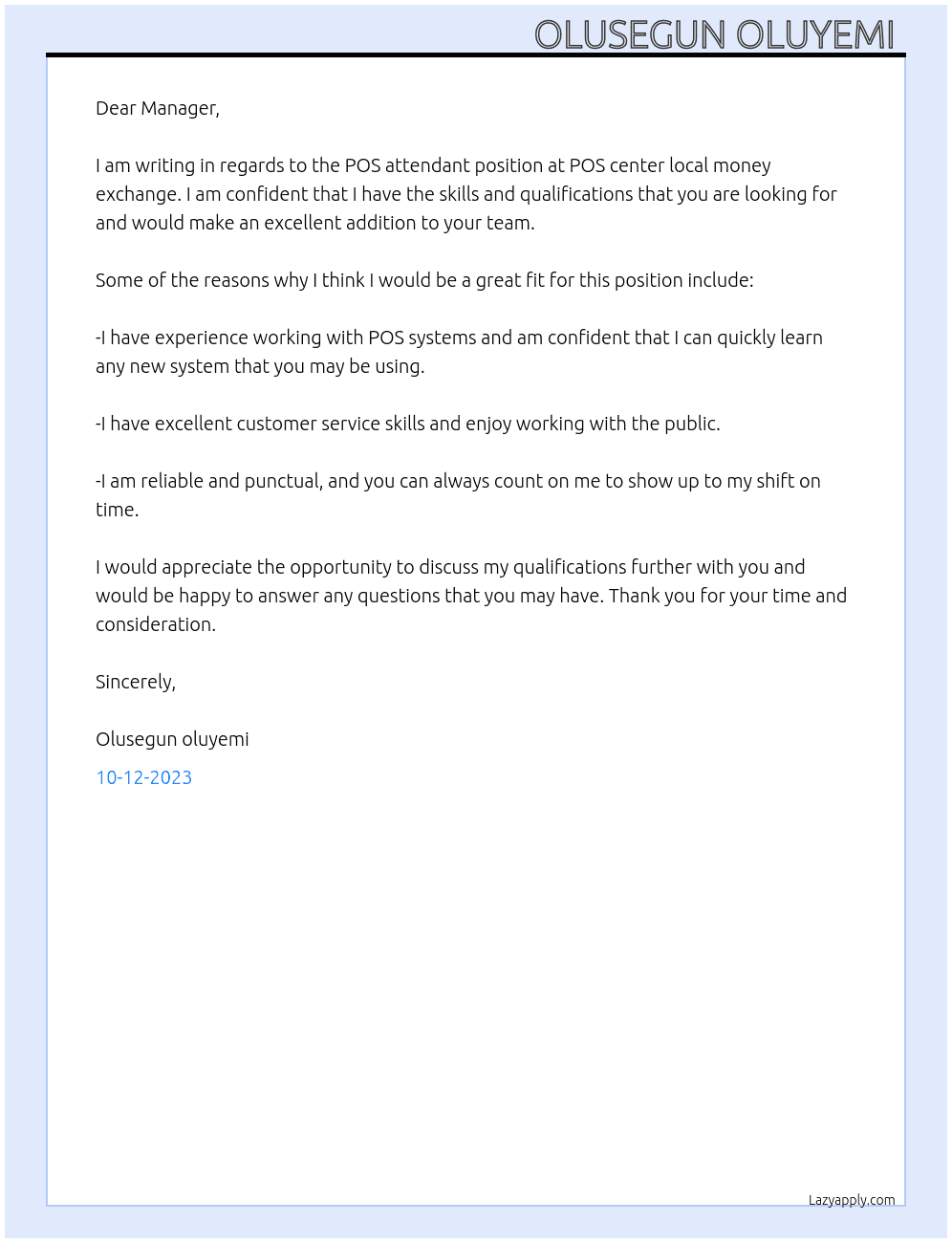 POS attendant At POS center local money exchange Cover Letter