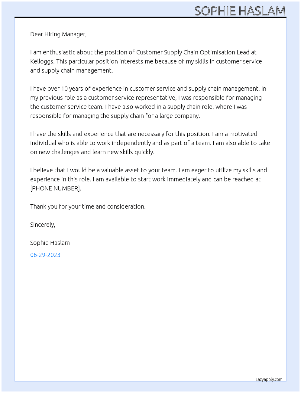 Customer Supply Chain Optimisation Lead At Kelloggs Cover Letter