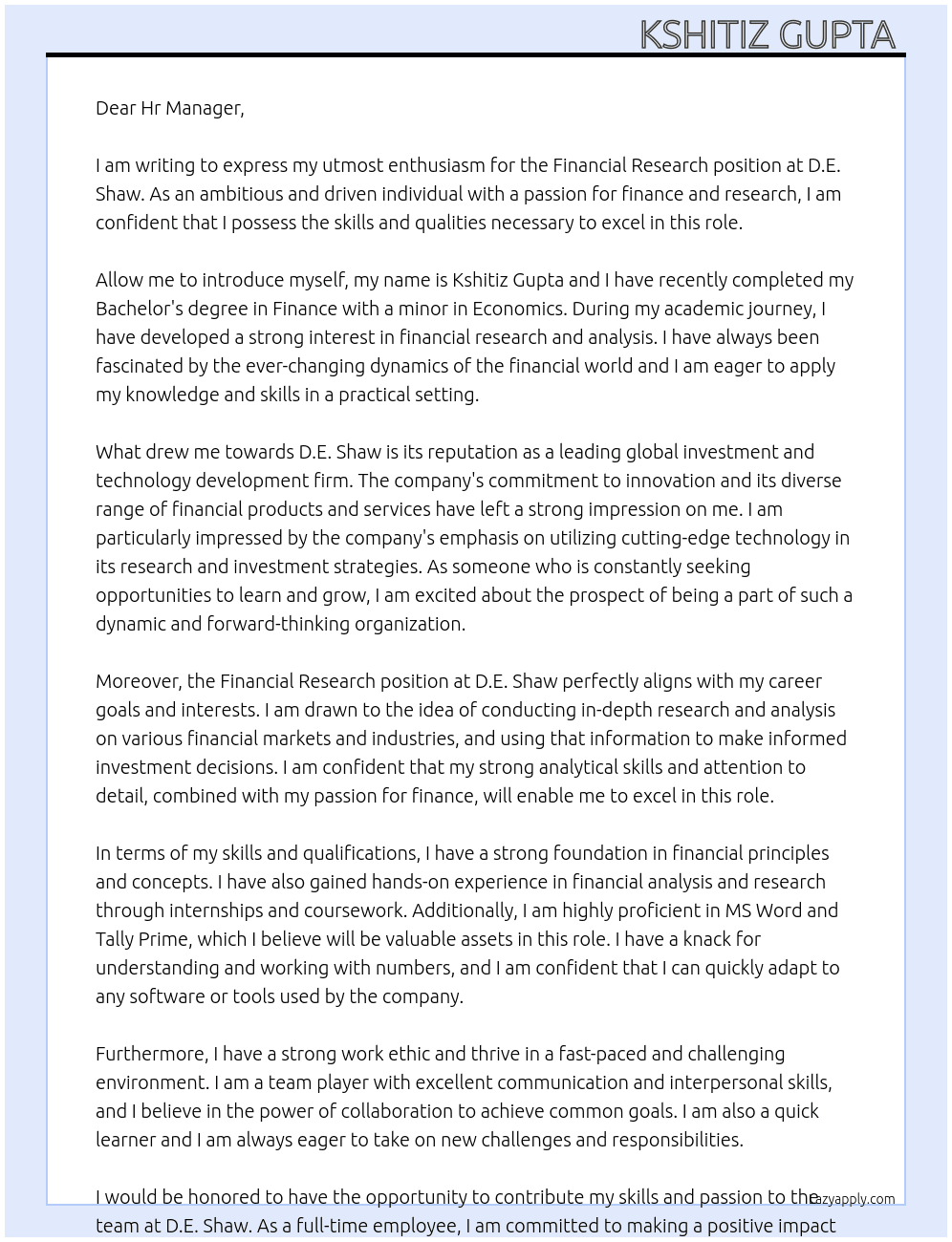 Financial research  At D.E. Shaw Cover Letter