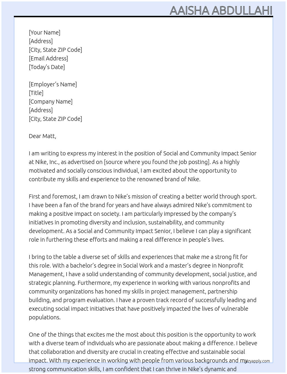 Social and Community Impact Senior At Nike, Inc. Cover Letter