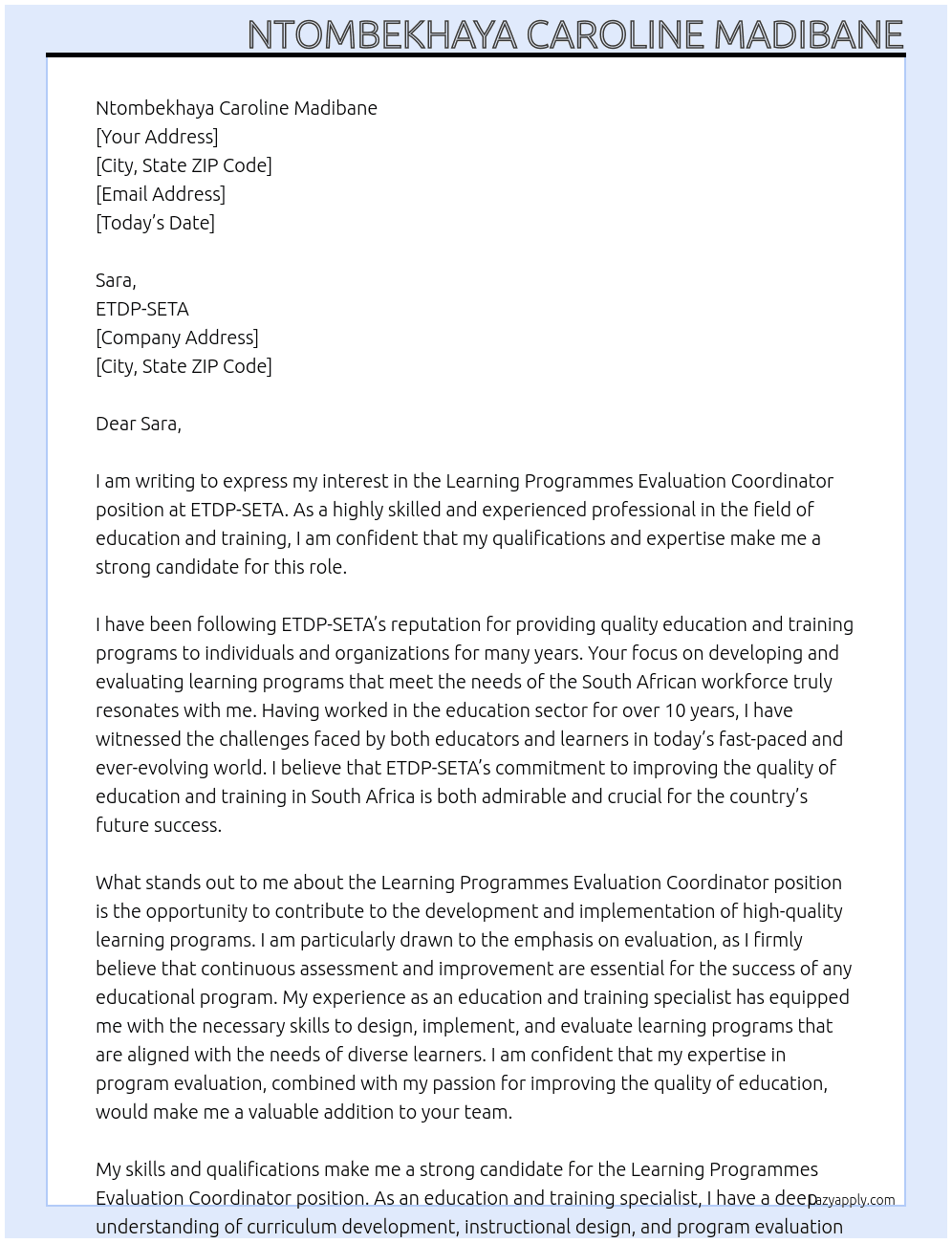 Learning Programmes Evaluation Coordinator At ETDP-SETA Cover Letter