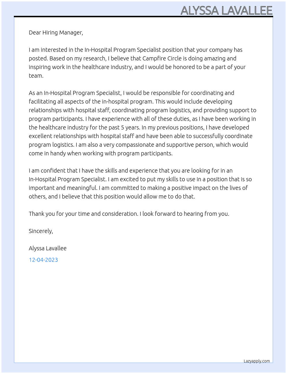 In-Hospital Program Specialist At campfire circle  Cover Letter
