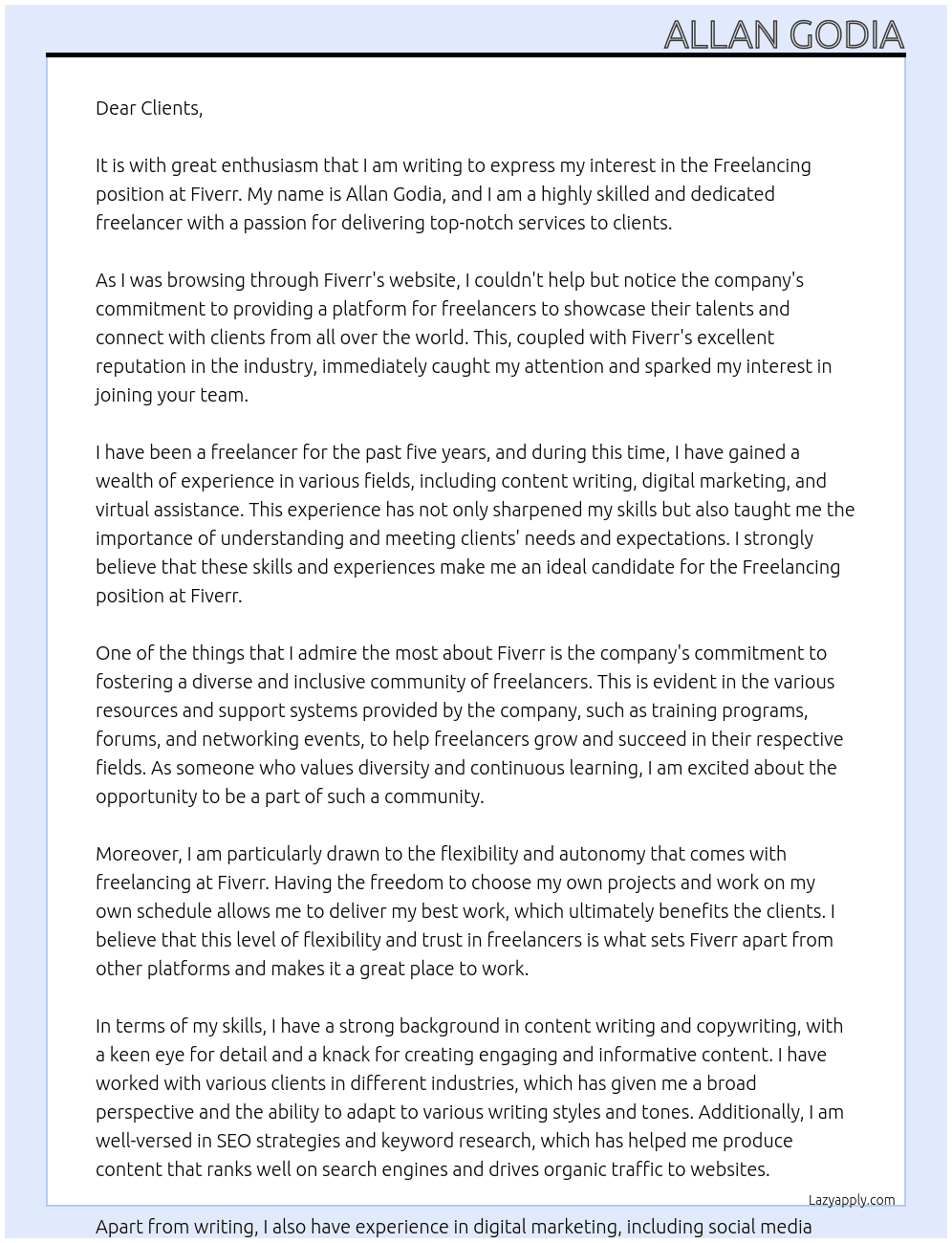 Freelancing At fiverr Cover Letter