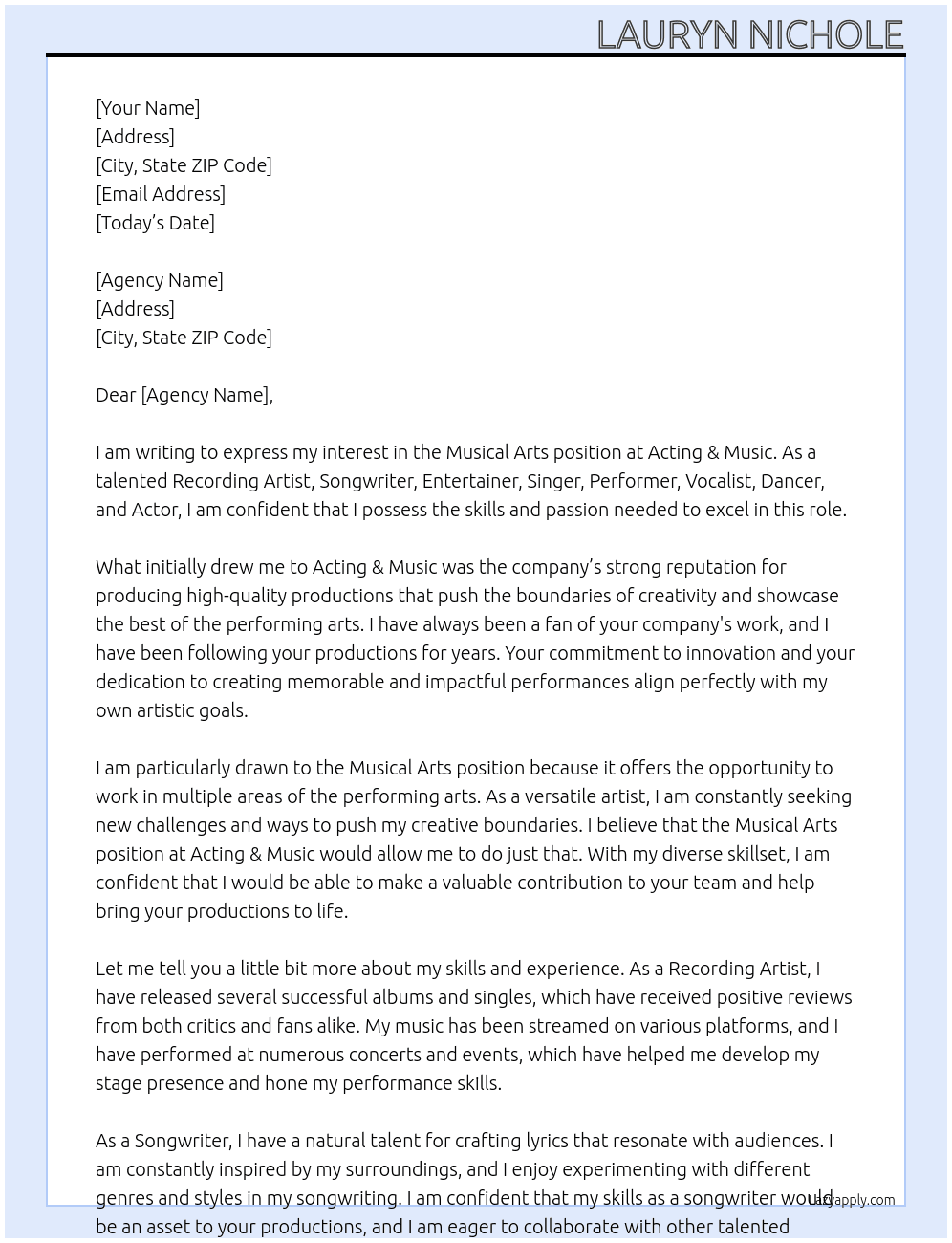 Musical Arts At Acting & Music Cover Letter