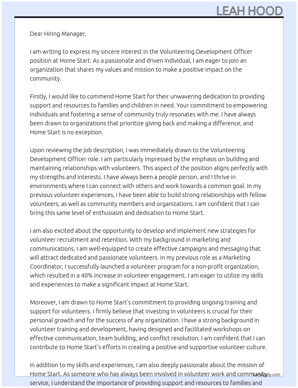 Volunteering Development Officer At Home Start Cover Letter