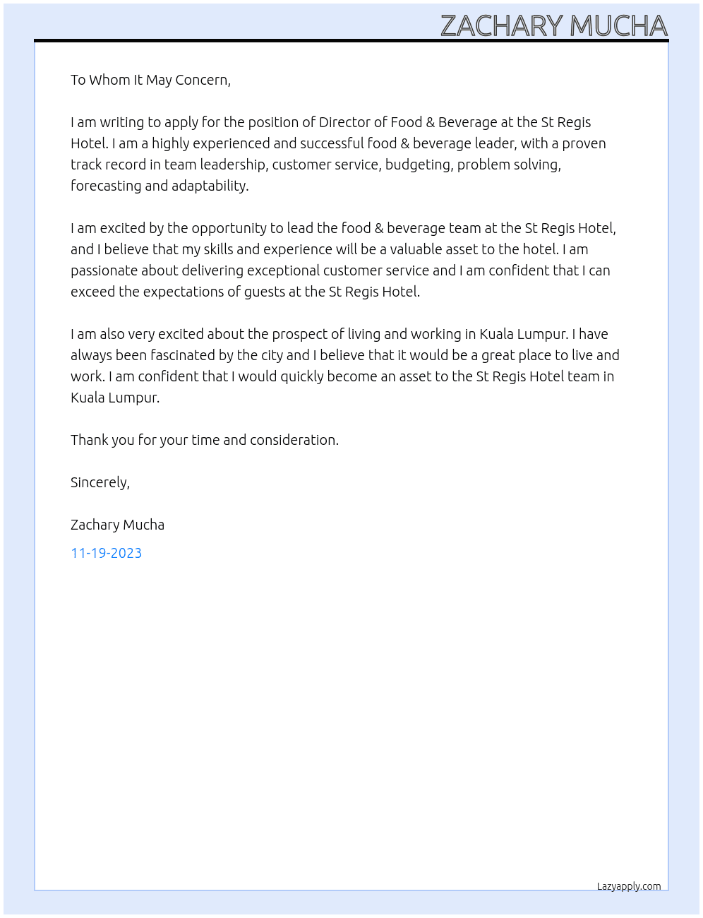 Director of Food & Beverage At St Regis Hotel  Cover Letter