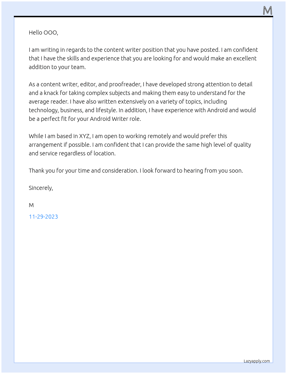 content writer At OOO Cover Letter
