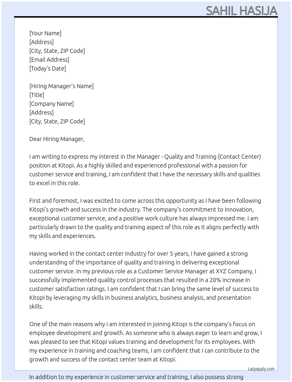 Manager - Quality and Training (Contact Center) At Kitopi Cover Letter