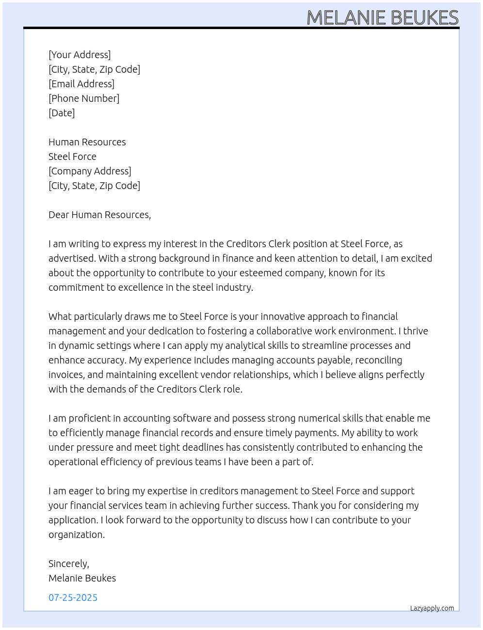Creditors Clerk At Steel Force Cover Letter