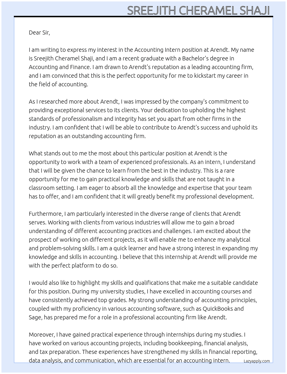 Cover letter for accounting intern - LazyApply