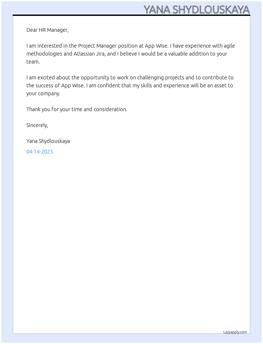 Project Manager At App Wise Cover Letter