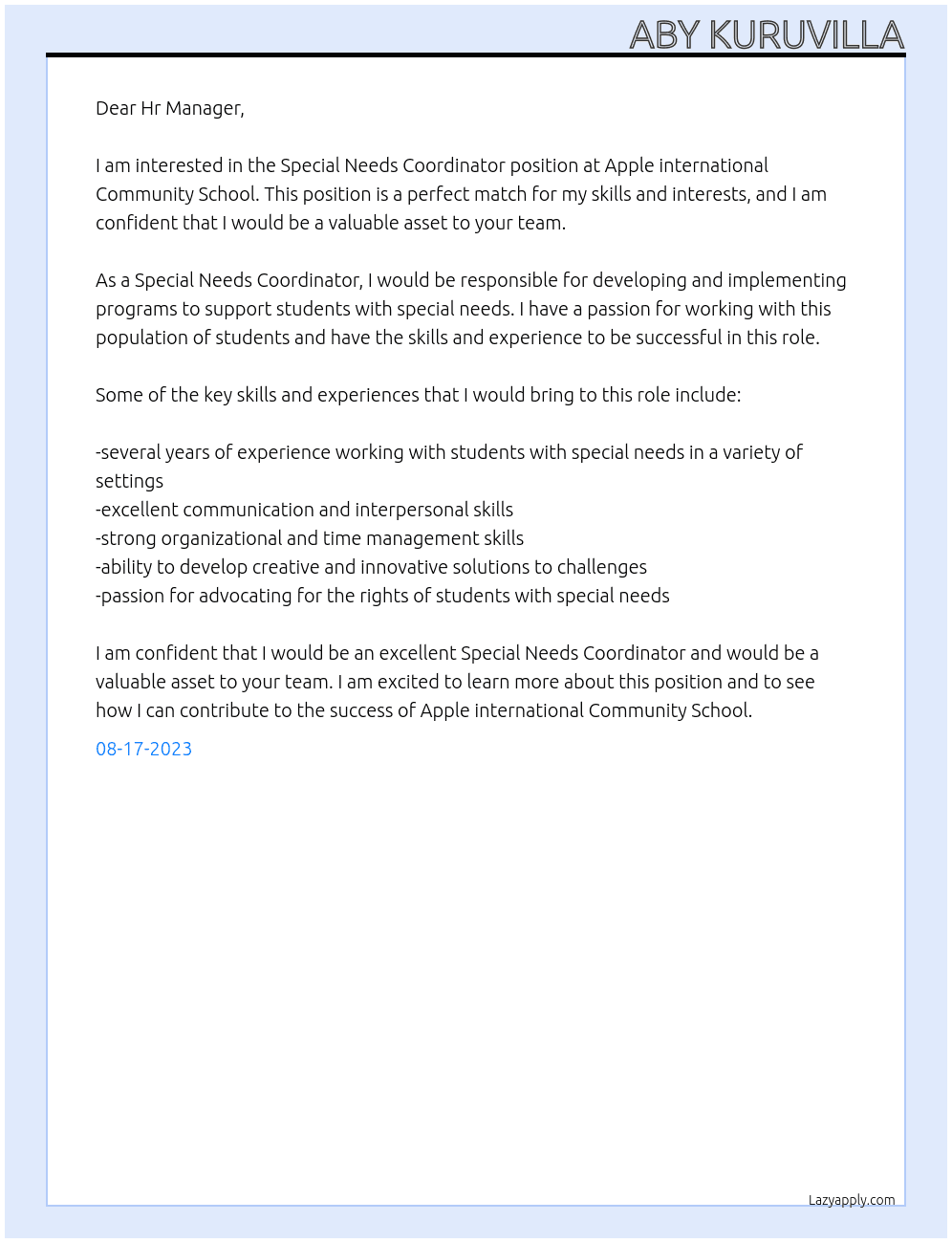 Special Needs Coordinator  At Apple international Community School Cover Letter