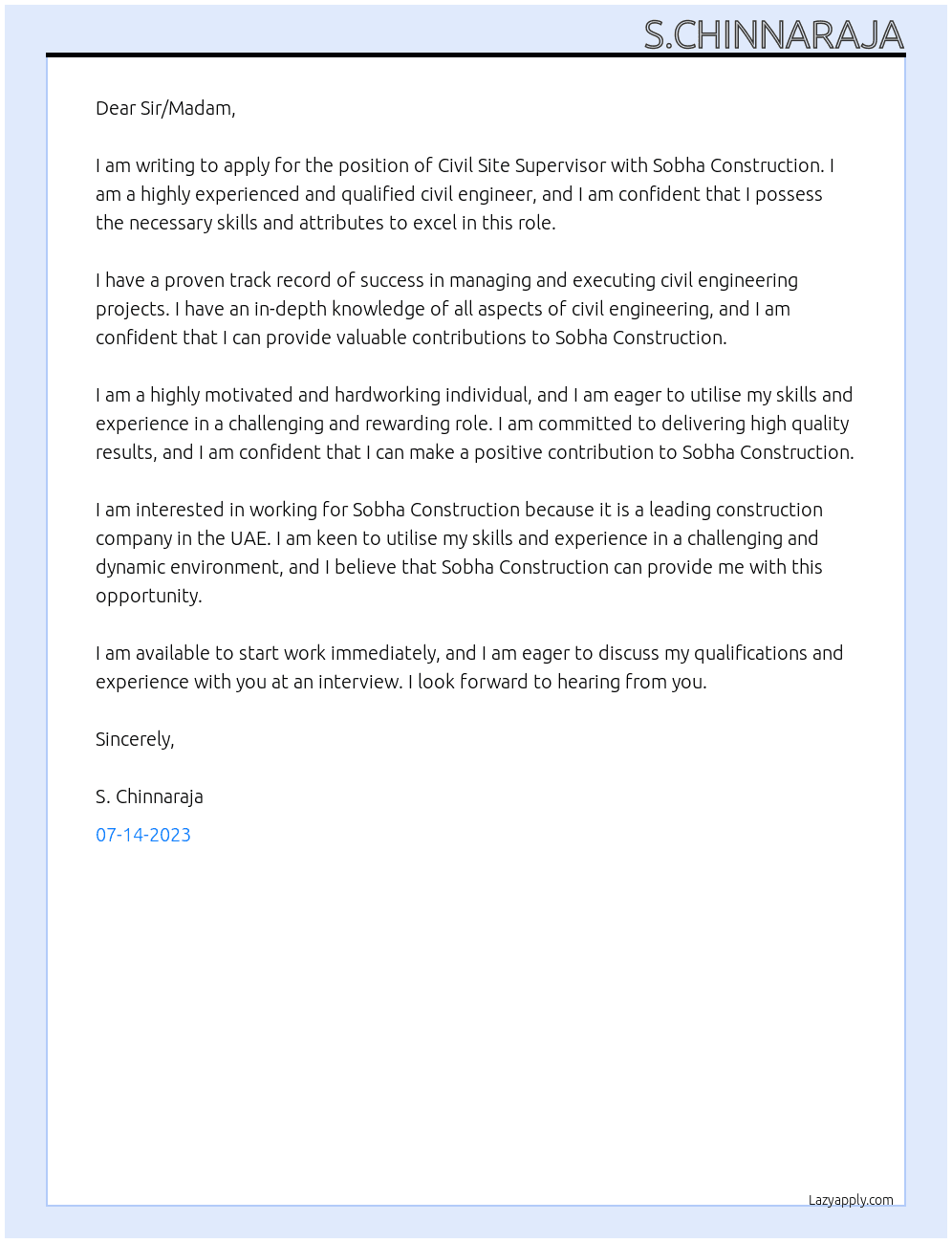 Civil site supervisior At Sobha construction  Cover Letter