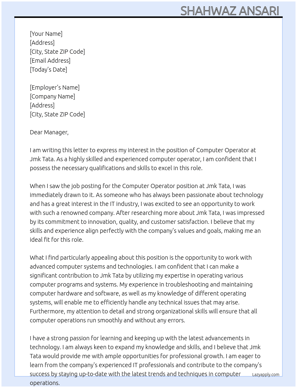 Computer Operator  At Jmk Tata Cover Letter