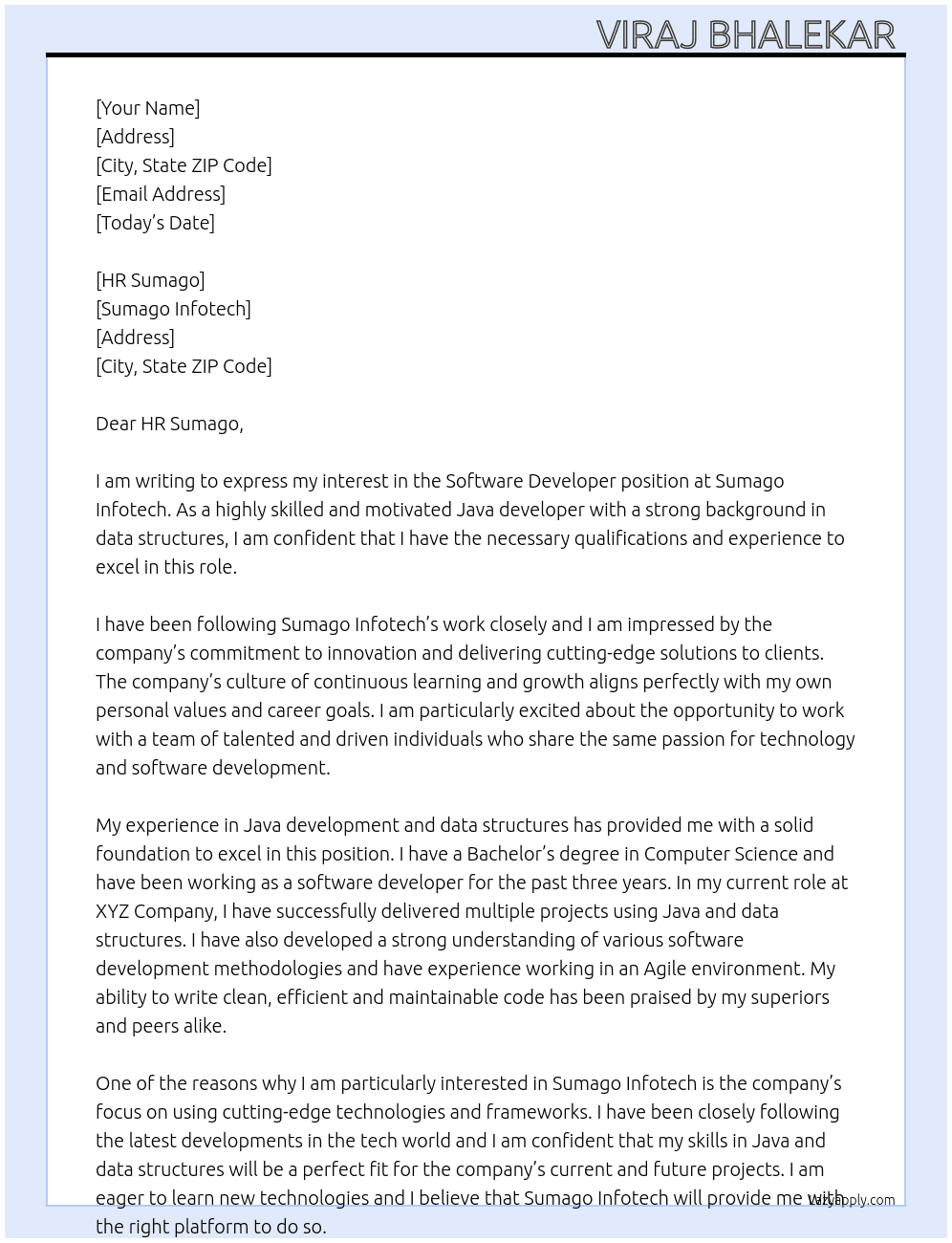 Software developer  At Sumago infotech  Cover Letter