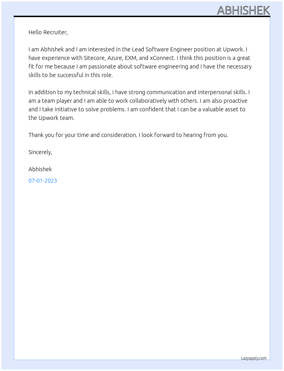 Lead Software Engineer At Upwork Cover Letter