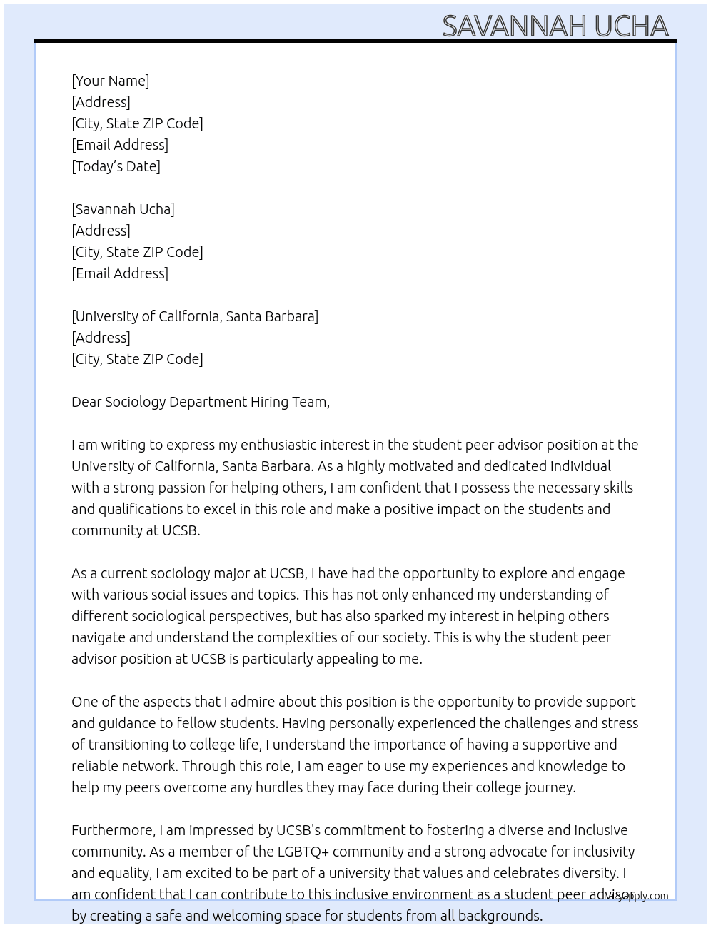 Cover letter for student peer advisor - LazyApply