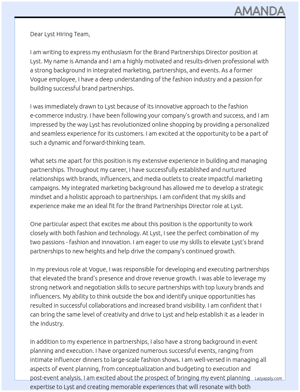 Brand Partnerships Director At Lyst Cover Letter