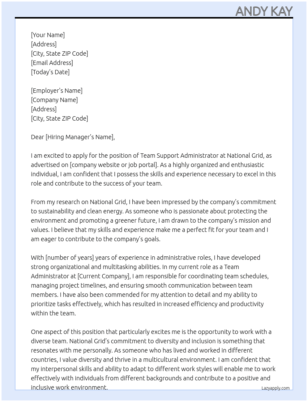 Team Support Administrator At National Grid Cover Letter