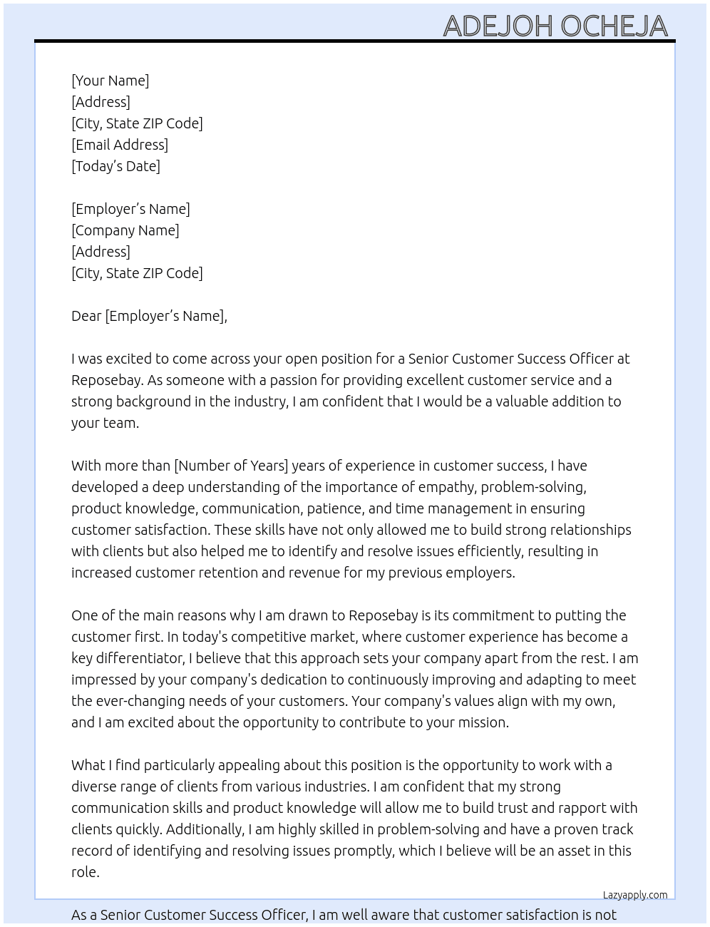 Senior Customer Success Officer At Reposebay Cover Letter