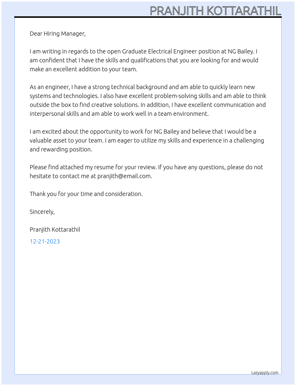 Graduate Electrical Engineer At NG Bailey Cover Letter