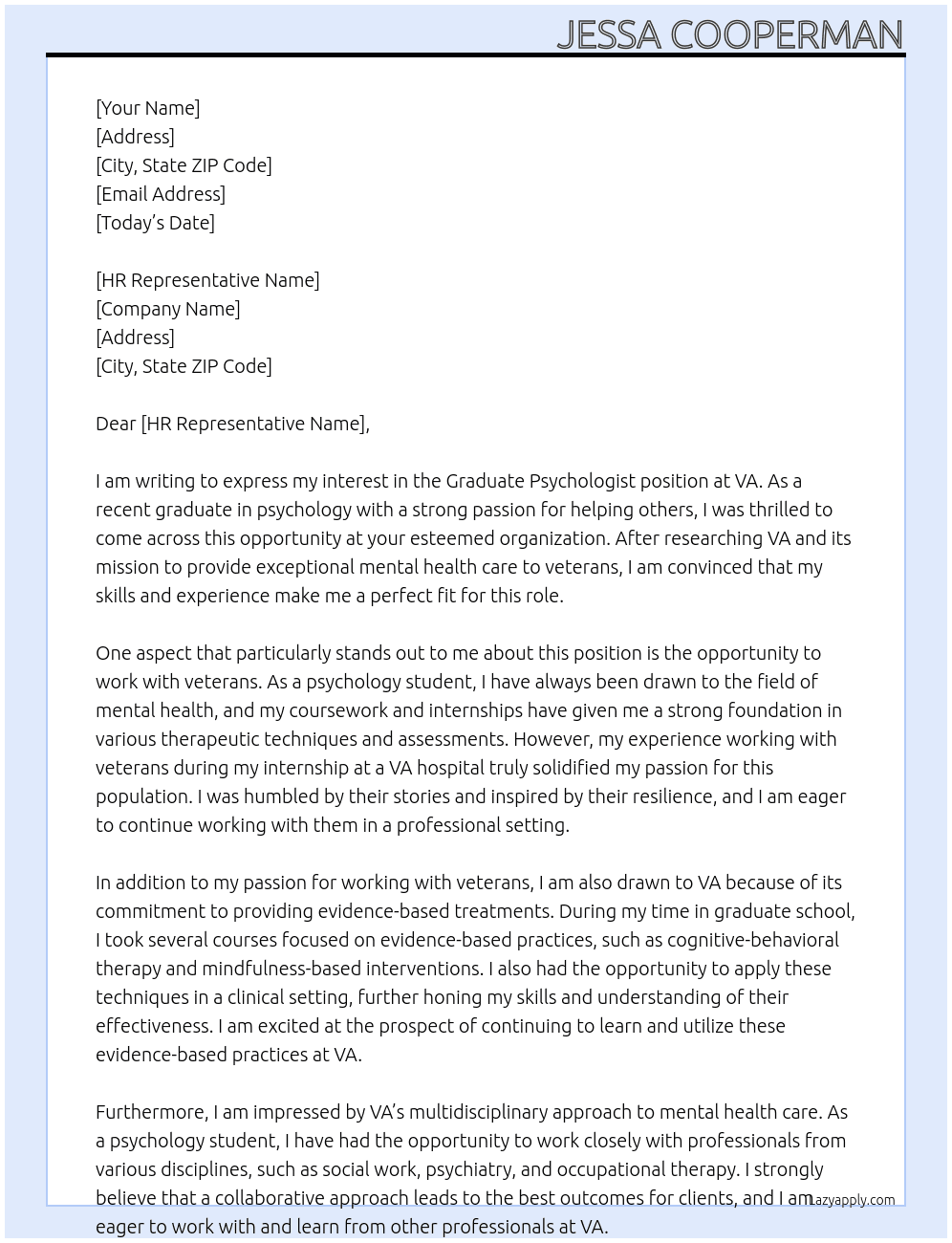 Graduate Psychologist At VA Cover Letter