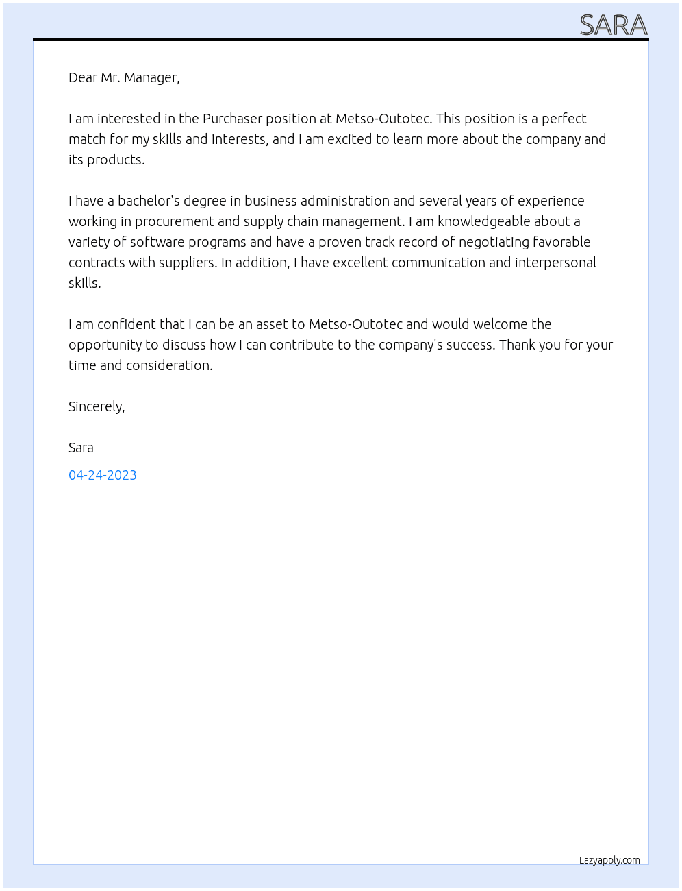 Purchaser At Metso-Outotec Cover Letter