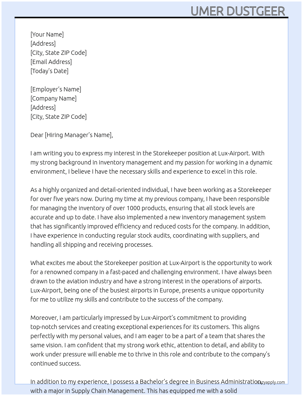 Storekeeper  At lux-Airport Cover Letter