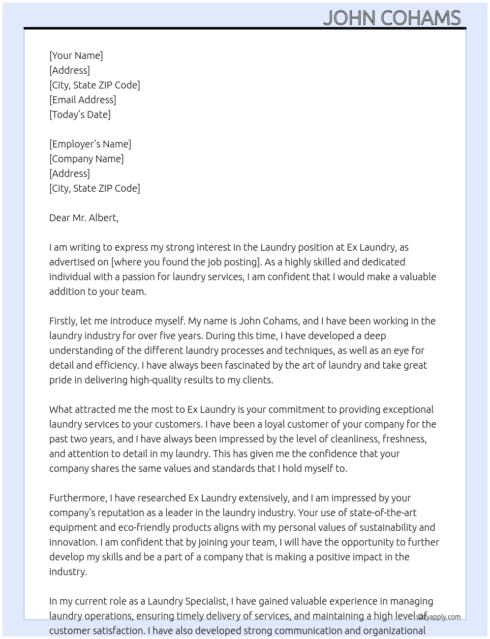 Laundry  At Ex laundry Cover Letter