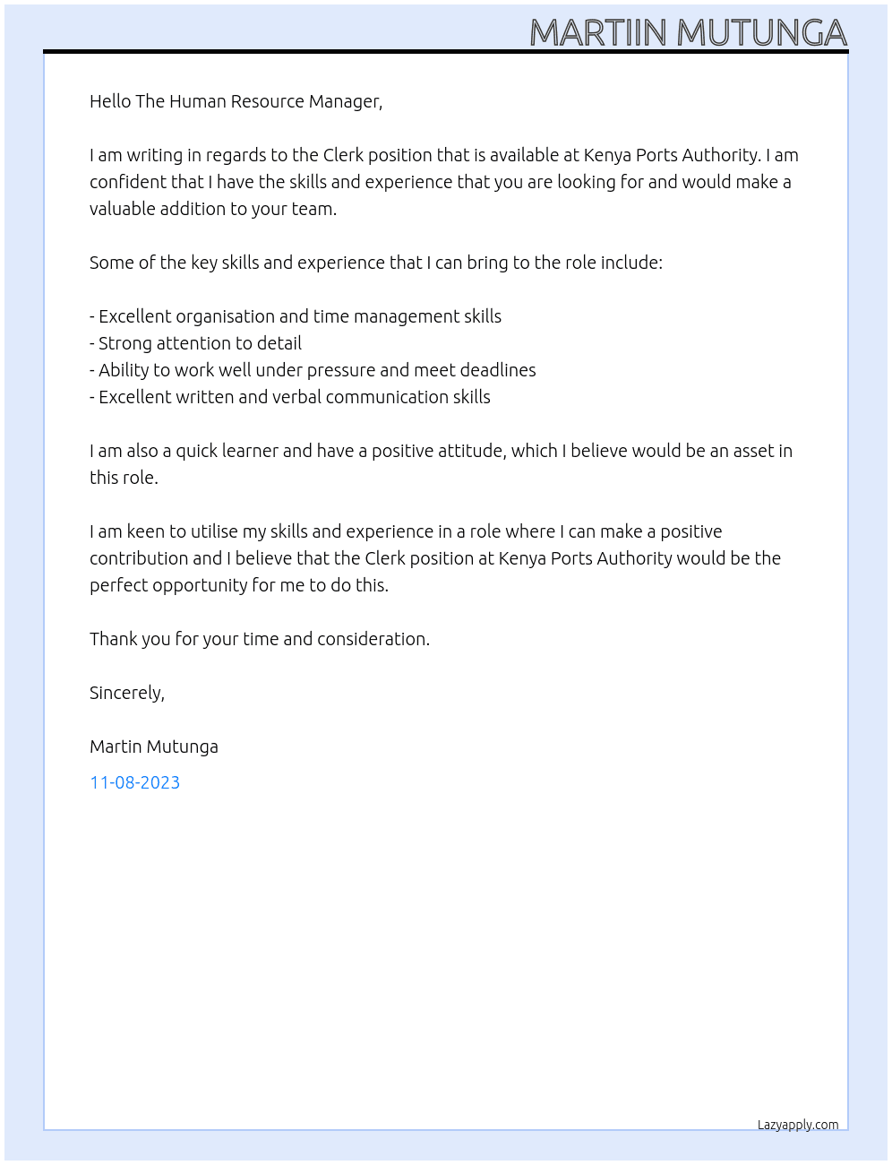 CLERK At KENYA PORTS AUTHORITY Cover Letter