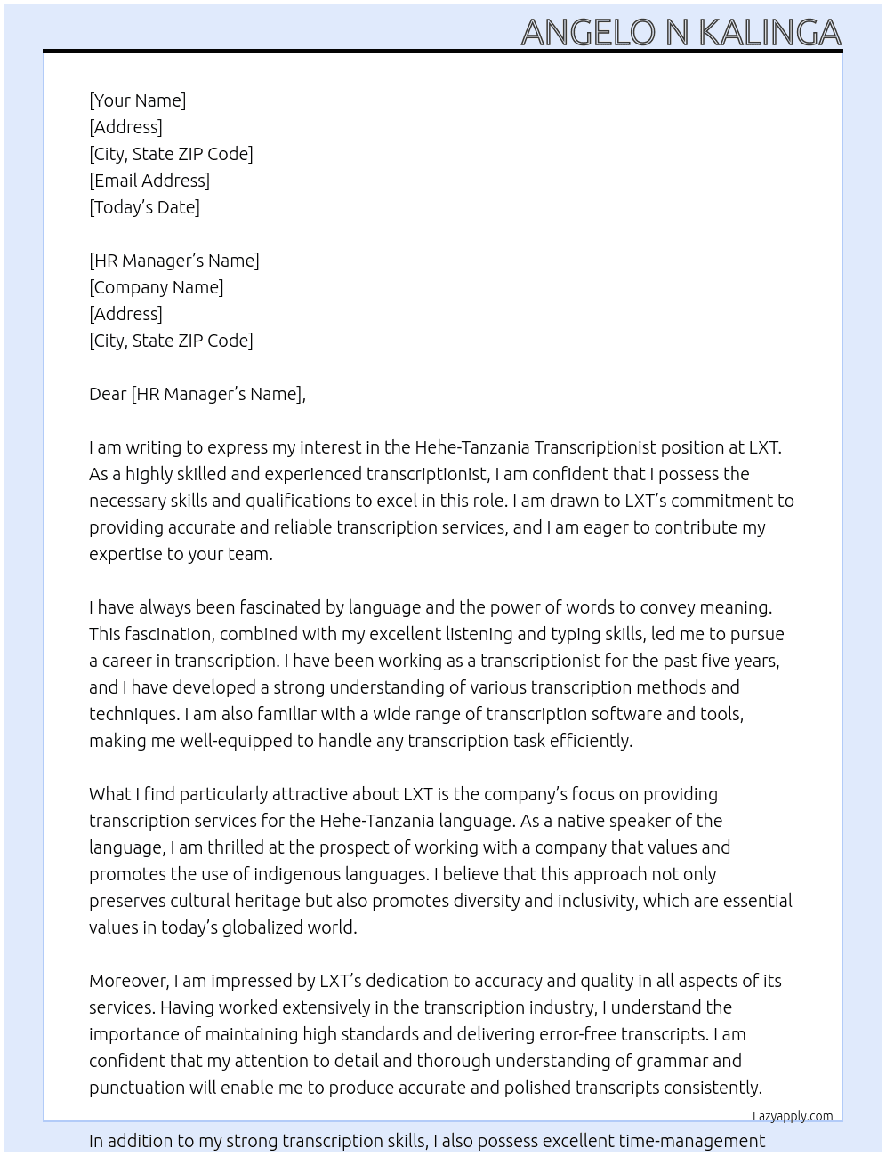 Hehe-Tanzania transcriptionist At LXT Cover Letter