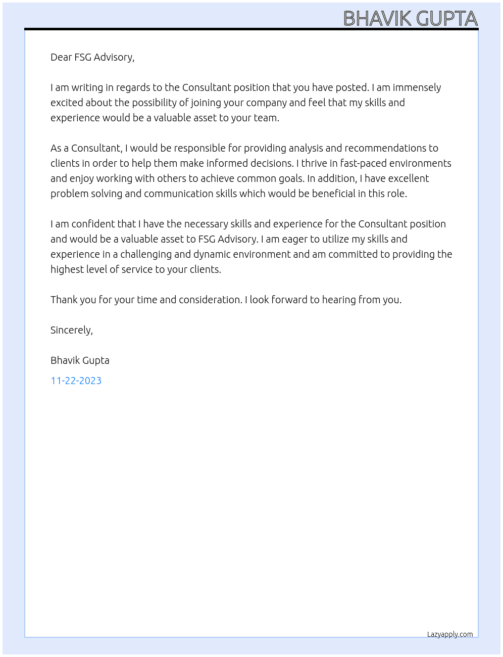 Consultant At FSG Advisory Cover Letter