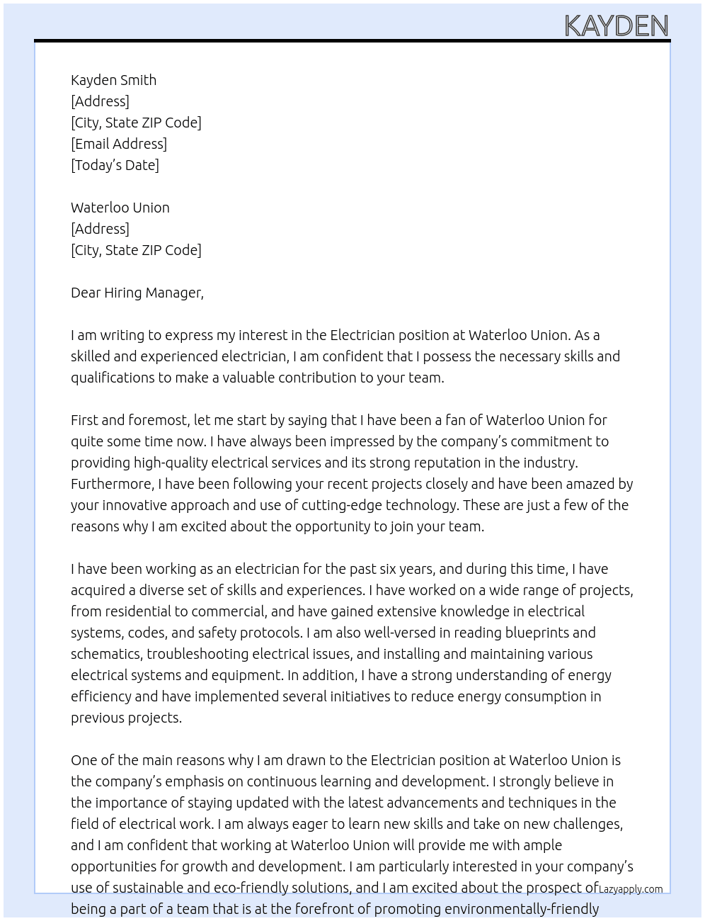 Electrician At Waterloo Union Cover Letter