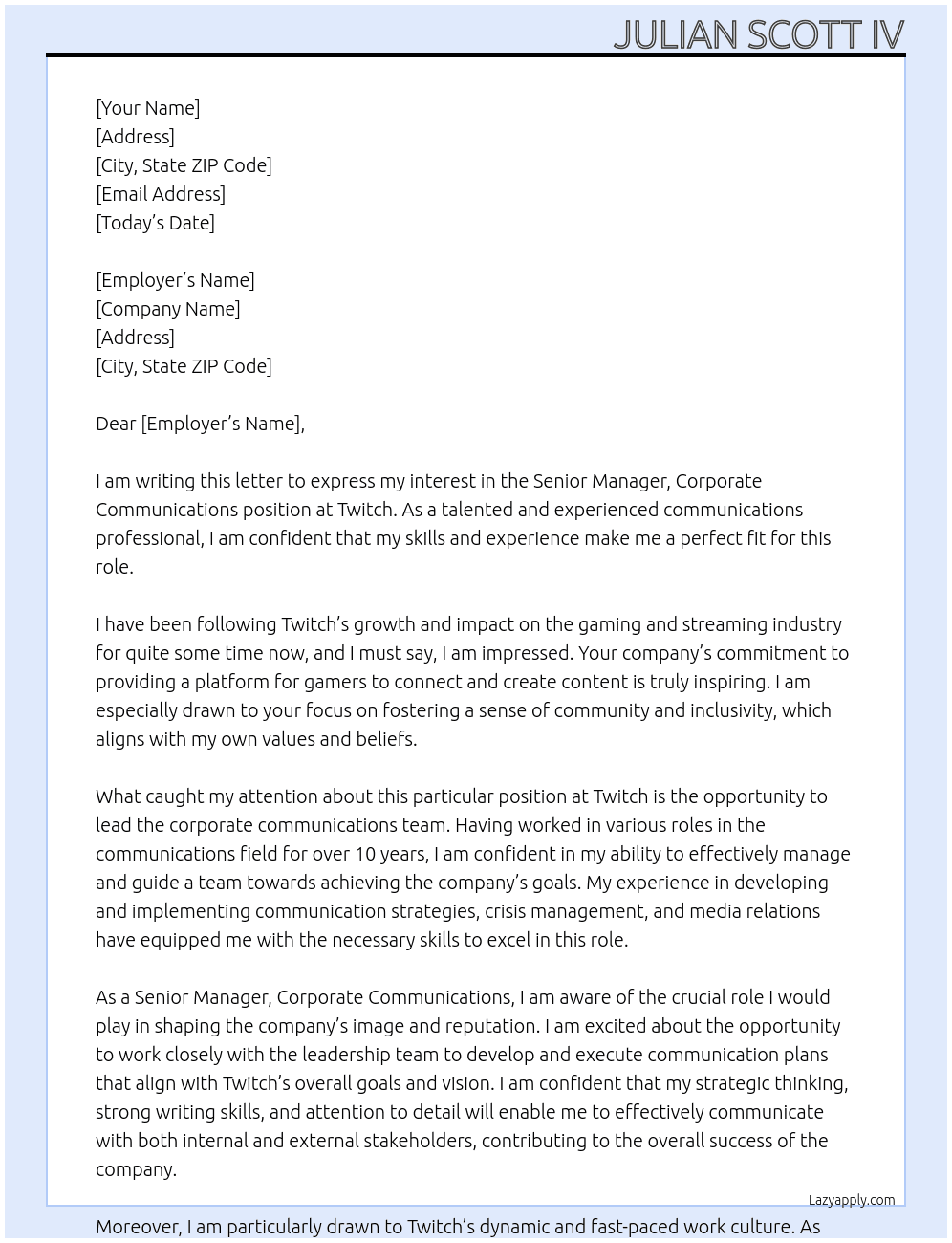 Senior Manager, Corporate Communications At Twitch Cover Letter