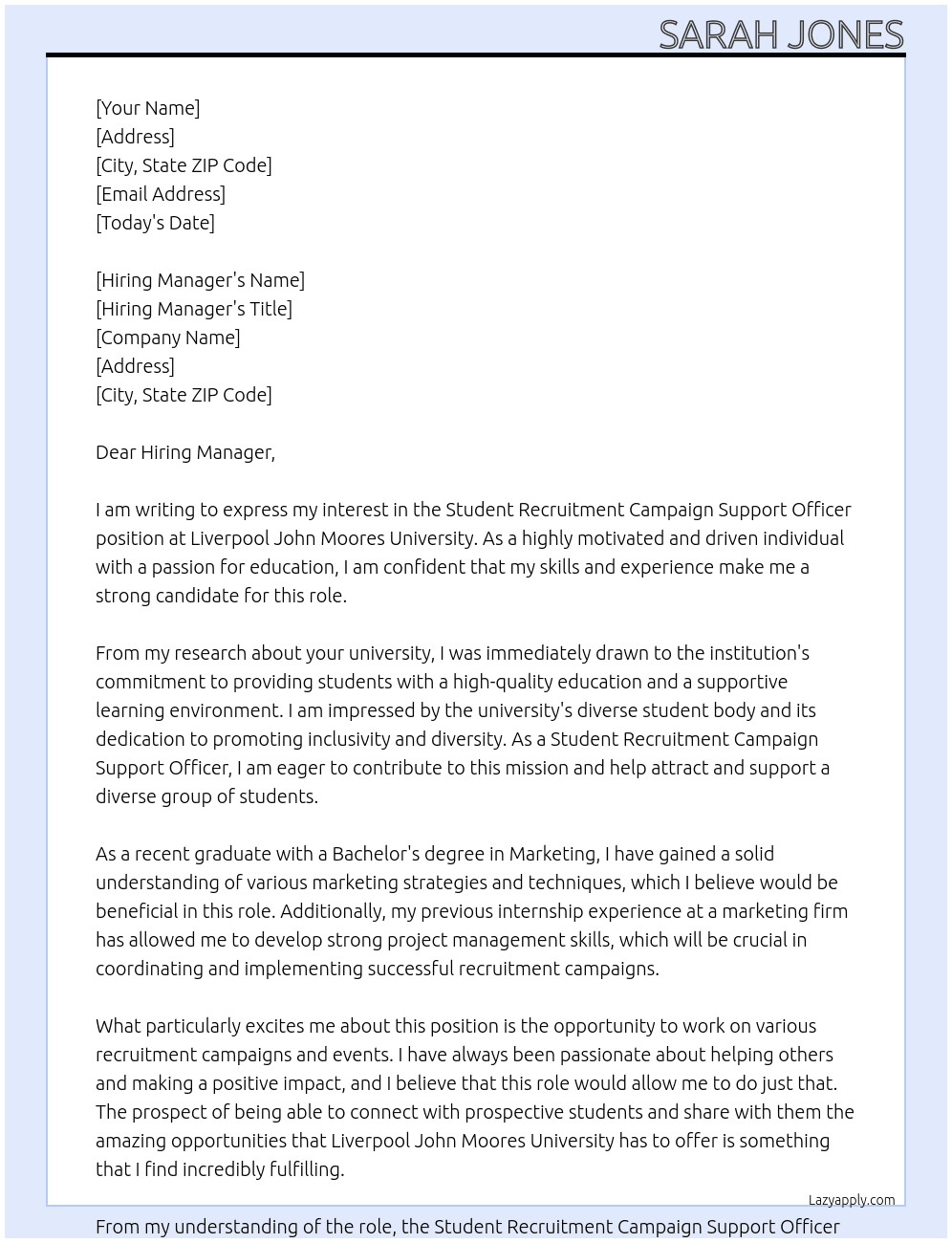 Student Recruitment Campaign Support Officer At Liverpool John Moores University Cover Letter