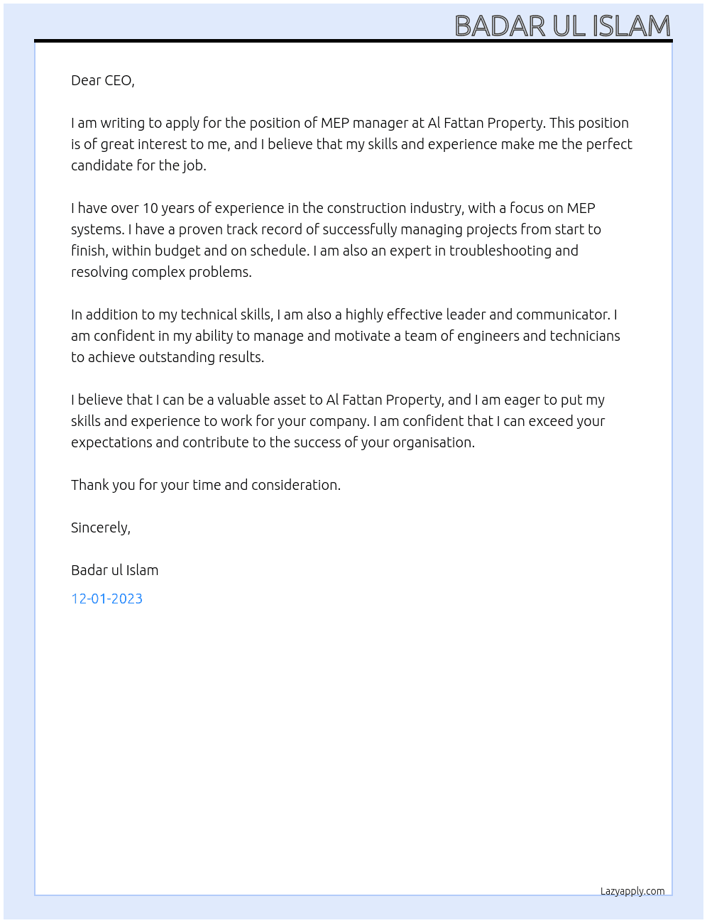 Mep manager  At Al fattan property  Cover Letter